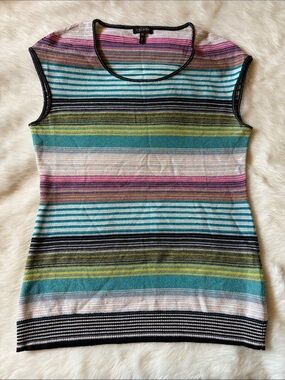 Escada Multicolor Striped Cap-Sleeve Knit Top - Teal, Pink, Black